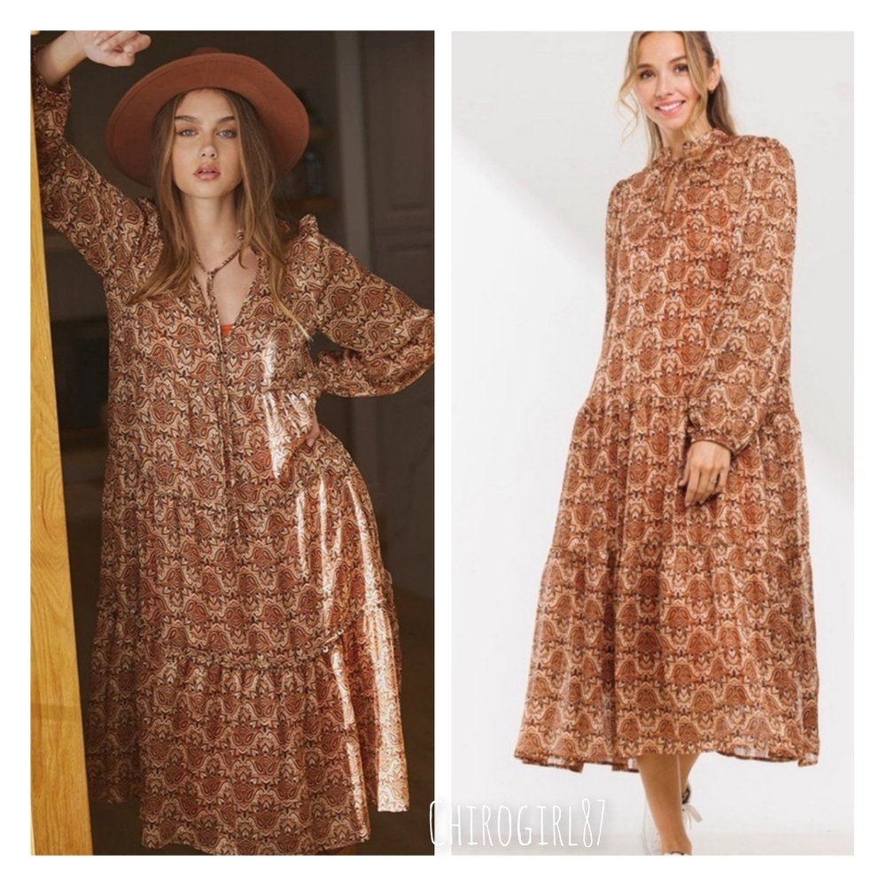 Gorgeous boho mocha tan geometric print long sleeve dress - Picture 4 of 10